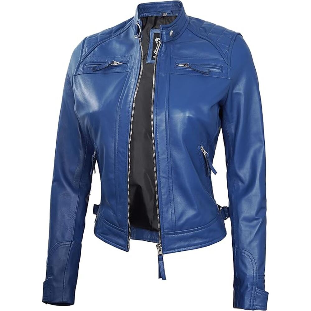 Decrum Leather Jacket Women - Motorcycle Jacket | Blue, S